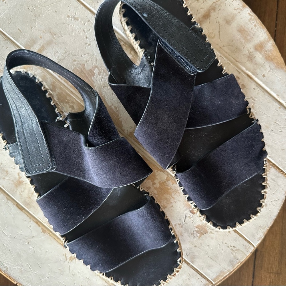 Vince Tenison Leather Slingback Navy Blue Espadrille Sandals Coastal